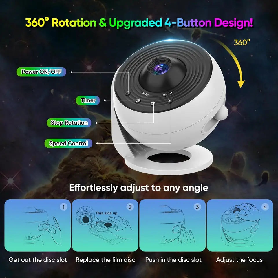 Galaxy Star Projector Night Light – 360° Rotating HD Nebula